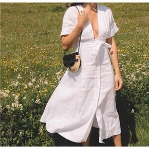 Equipment Nauman Linen Deep V Neck Midi Dress in Bright White Size 8